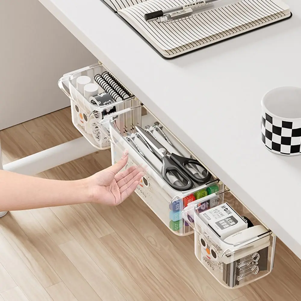 Hanging Under Desk Drawer Type Storage Box Invisible Transparent Stationery Storage Box Self-Adhesive Space Saving
