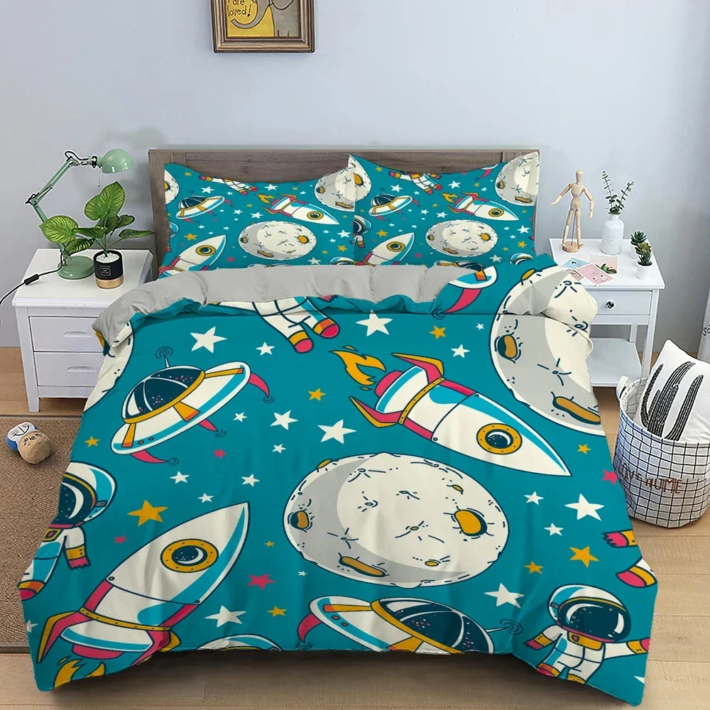 Cartoon Astronaut Outer Space Bedding Set Teens Boys Home 2/3 Piece Duvet Cover Set Pillowcase Single Twin King Quilt Cover Set