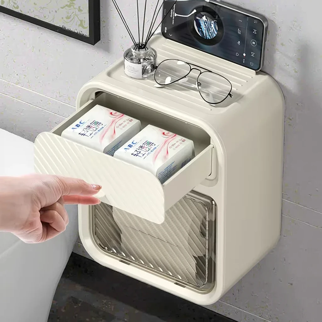 

Toilet Paper Holder for Bathroom Wall-Mounted Plastic Drawer Storage Box Tissue Roll Water Proof Storage Holder for Home