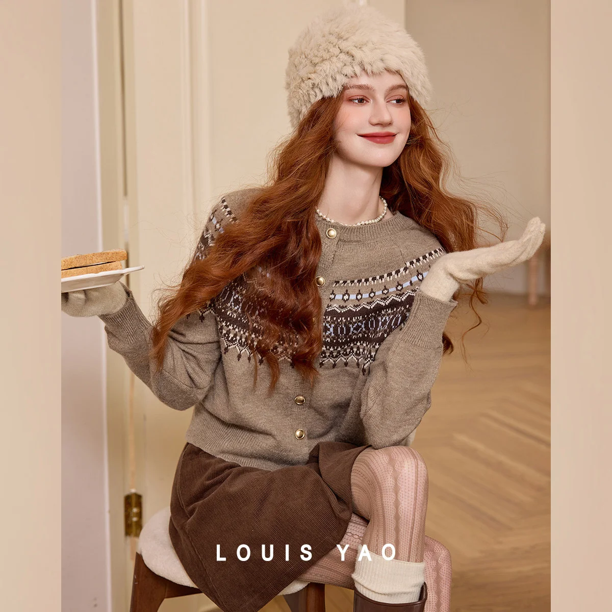 

LOUIS YAO Casual Micro Elastic Women's Knitwear 2025 Autumn/Winter Knit Shirt Jacquard Color Contrasting Round Neck Cardigan