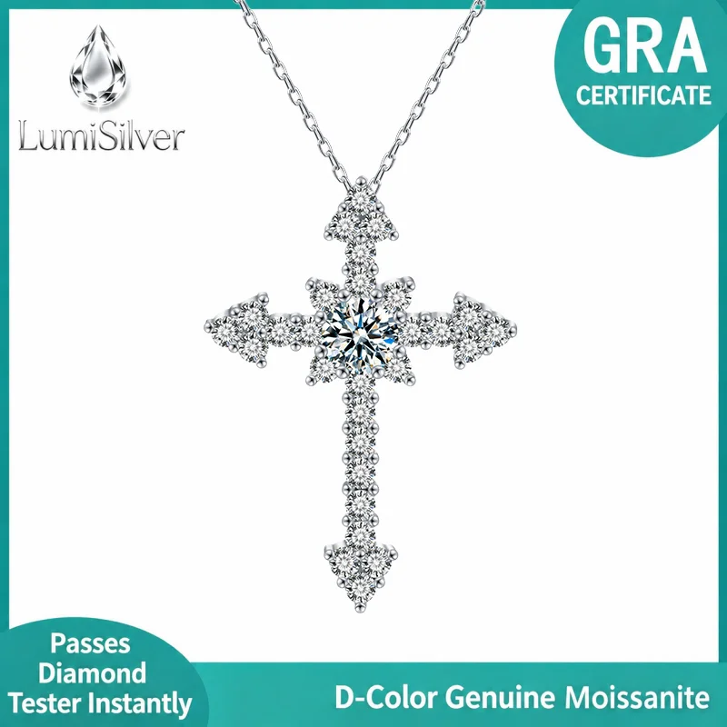 Exaggerated Moissanite Cross Pendant Necklace Full-Set S925 Sterling Silver Jewelry Accessory