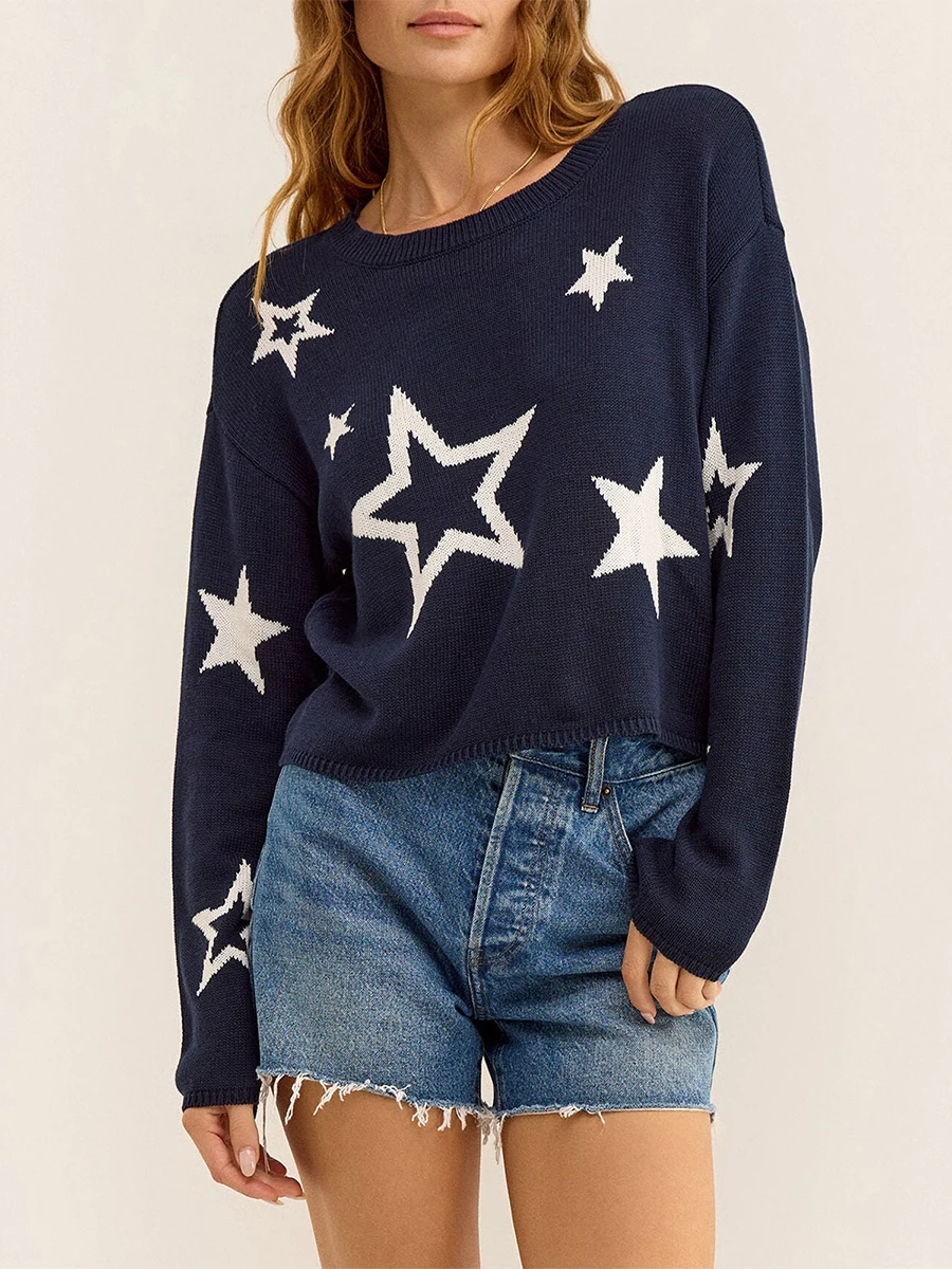 Women s Autumn Winter Knit Sweater Long Sleeve Crewneck Star Print Loose Knitwear