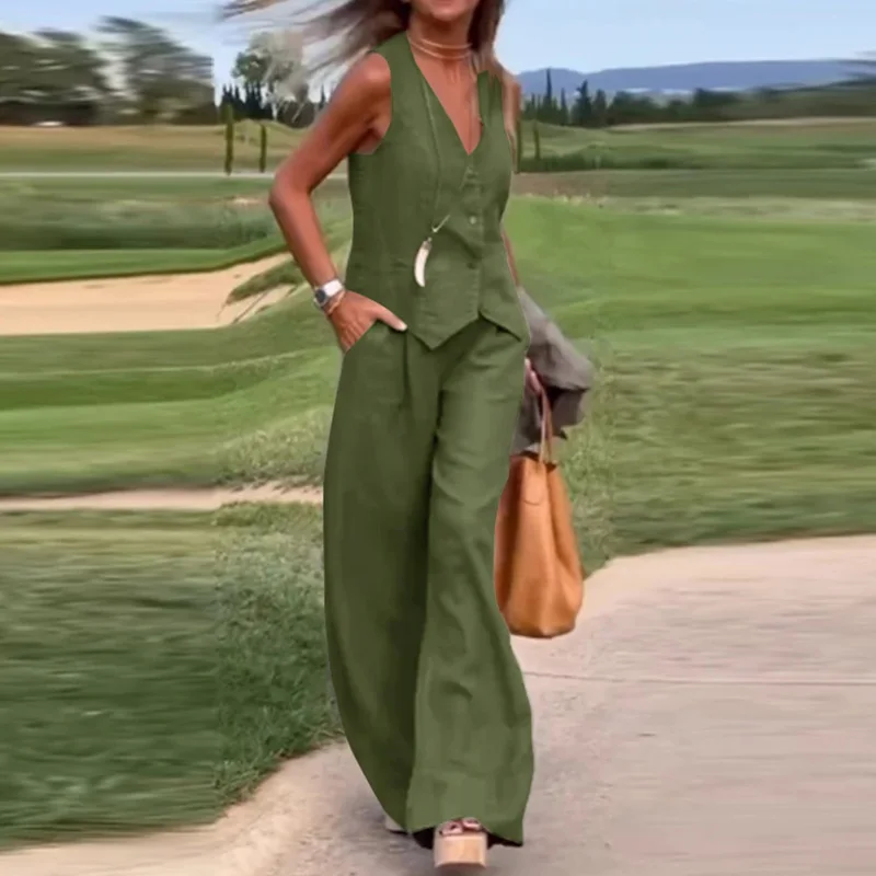 Fashion Women V Neck Button Vest Shirt Wide Leg Pants Suit Women Casual Two Piece Set Tracksuits 2024