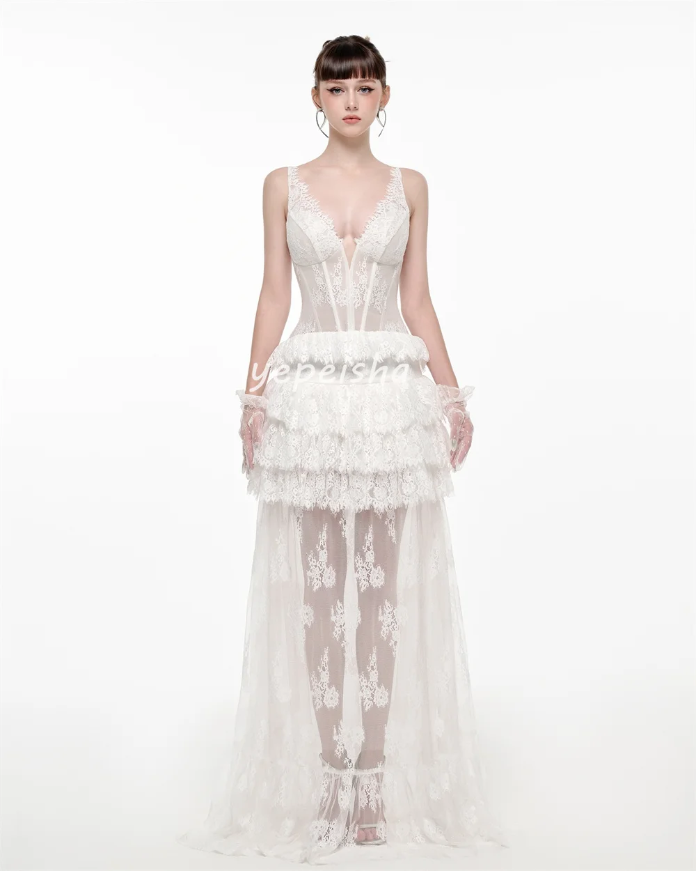 Abiti lunghi con scollo a V a strati increspati con pieghe in pizzo moda sexy personalizzati Abiti da cerimonia su misura Squisito ed elegante formale