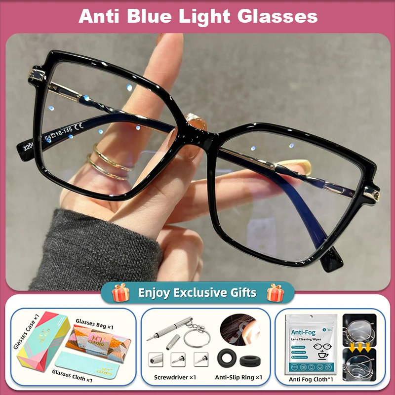 CLLOIO Premium Quadratische Cat Eye Lesebrille Mode Damen Großer Rahmen Myopie Brille Anti Blaues Licht Brillen 5