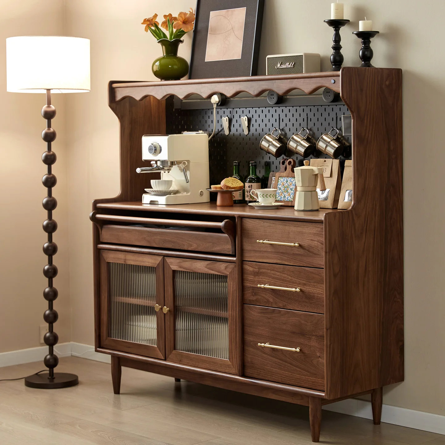 LH side cabinet integrated against the wall all solid wood hole board track storage wine cabinet
