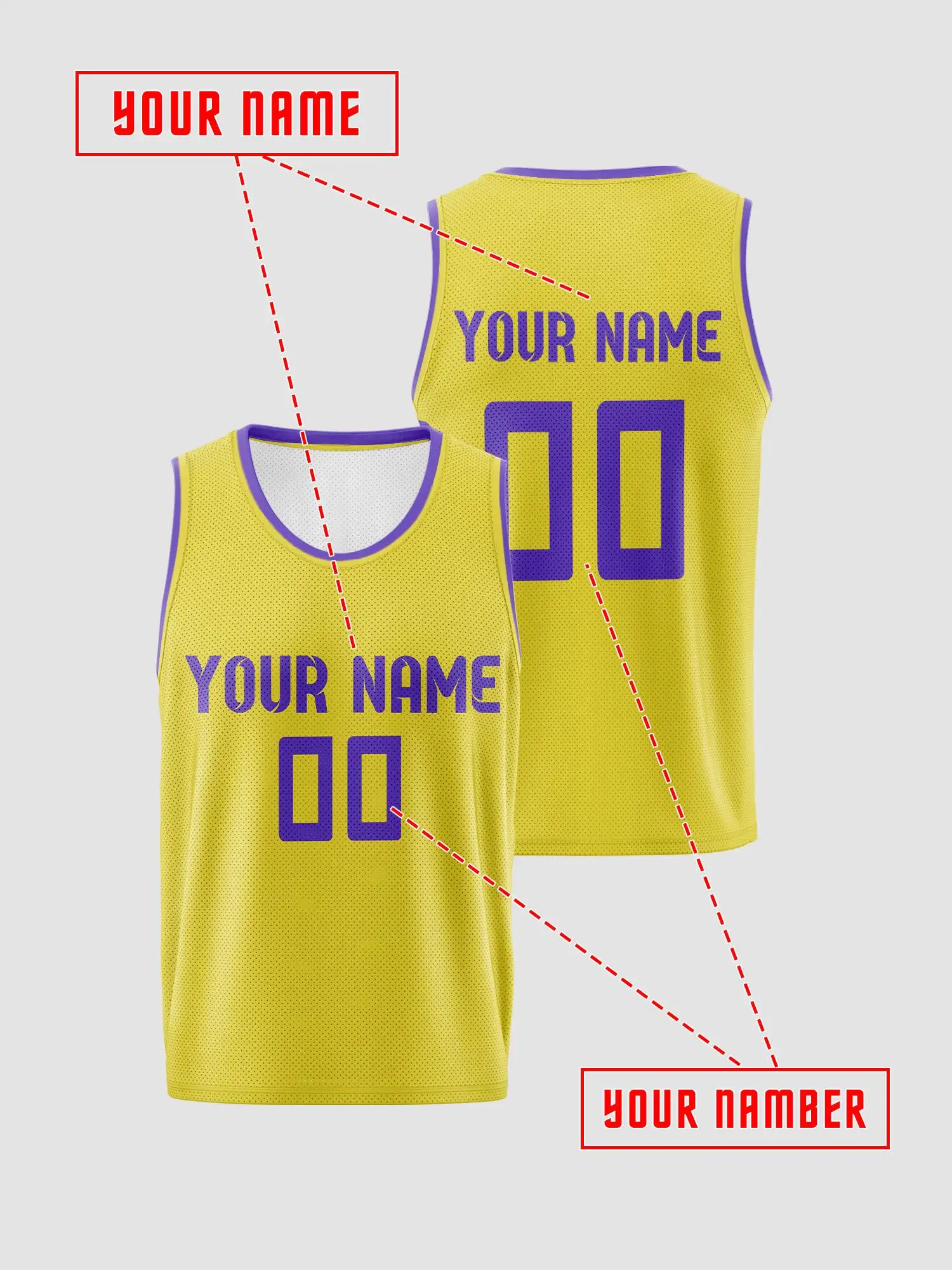 Yellow‑Purple Trim Custom Basketball Jersey For Adults & Kids, Breathable Mesh, Printable Name‑Number