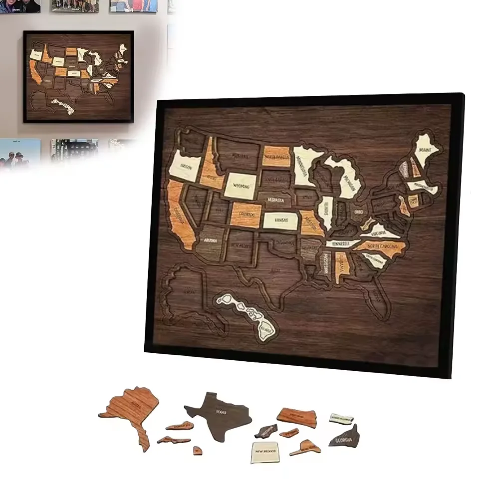 

2026 Wooden USA Travel Map Puzzle, Record Your Journey, Multi-Purpose Interactive Geography Learning Toy for Home Decor Remarks