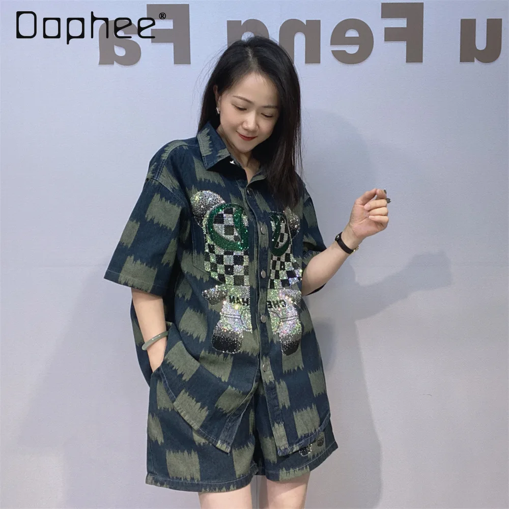 

Shorts Set Cartoon Rhinestone Denim Shirt Top + High-waisted Wide-leg Shorts Summer Outfit Womens Two Peice Sets