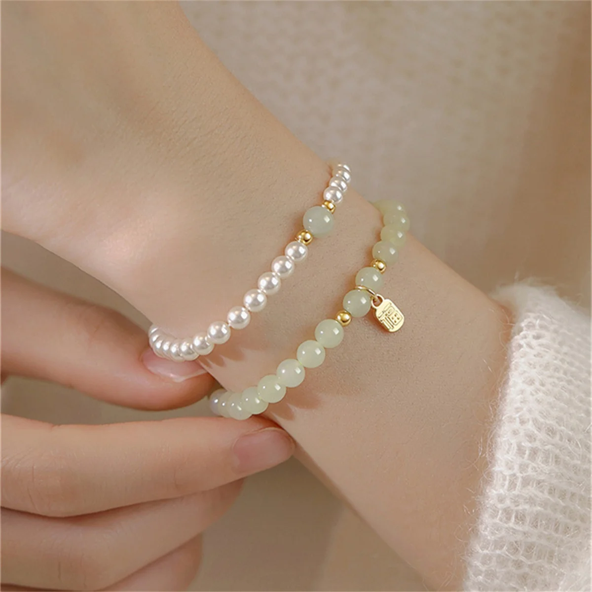 Imitation Hetian Jade Little Green Beads Lucky Bracelet For Women Exquisite Imitation Pearl Chinese Bamboo Flower Bangle Jewelry