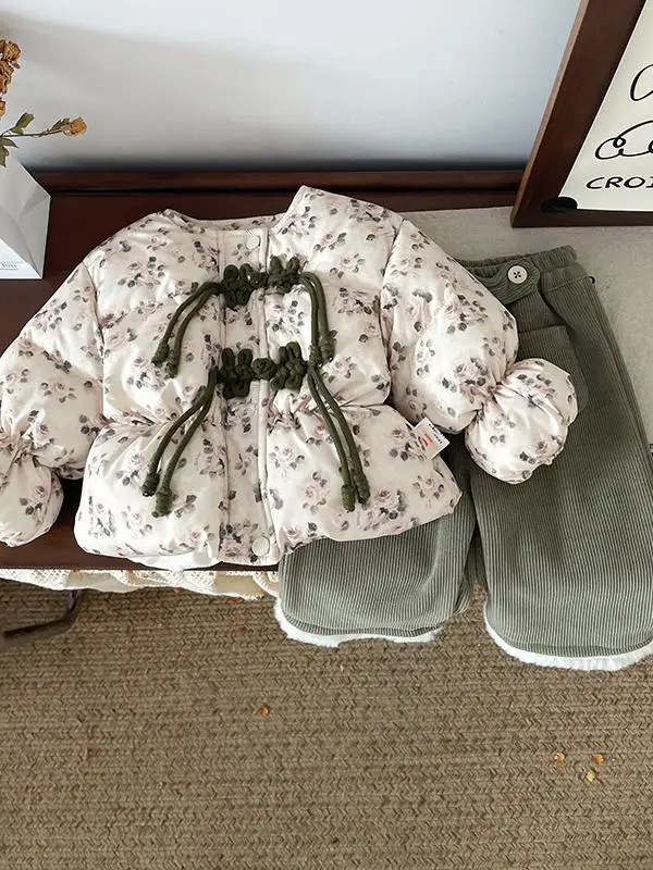 

Winter Thiened White Du down Girl's Jaet Floral Warmth Korean Sle Baby Coat Button Closure Long Sve Mid-Length