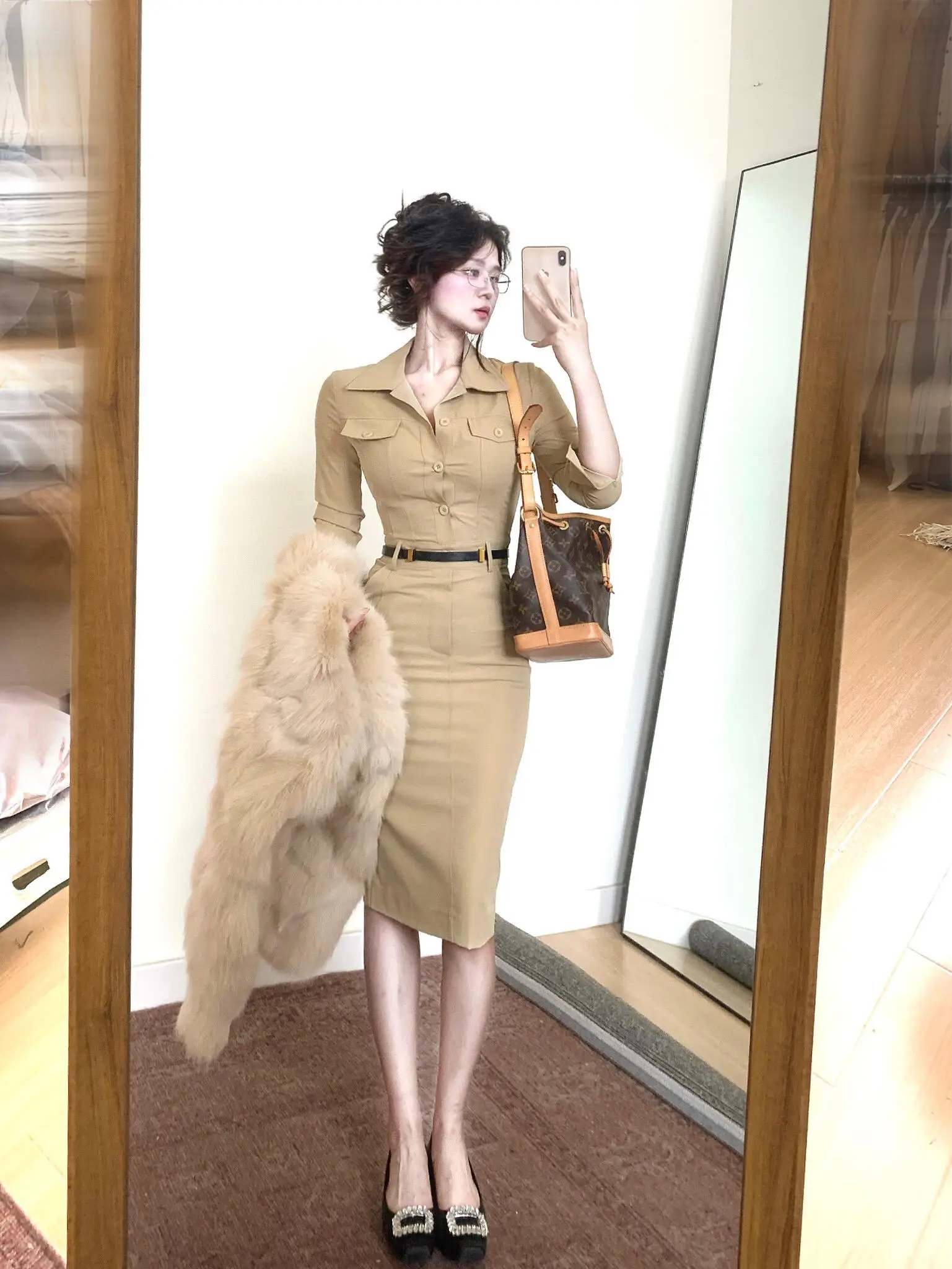 

OUTFlT STUDIO Spicy Girl Khaki Collar Dr Women's Slim Fit Wrap around Skirt Long Sve Collar Pure Color Commute Sle