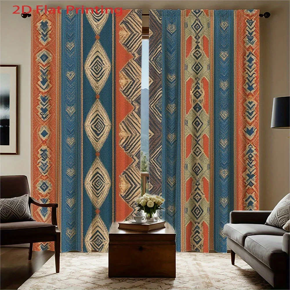Boho Geometric Printed Curtains 2pcs Pair Blue Orange Striped Living Room Window Drapes Flat Printing Accent Curtains