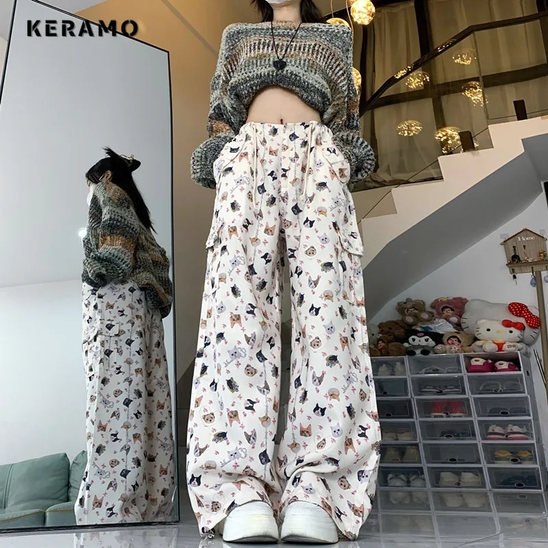 

2024 Summer Casual Style Cartoon Animals High Waist Wide Leg Pants Women's Fashion Loose Fit Straight Full Length Trousers