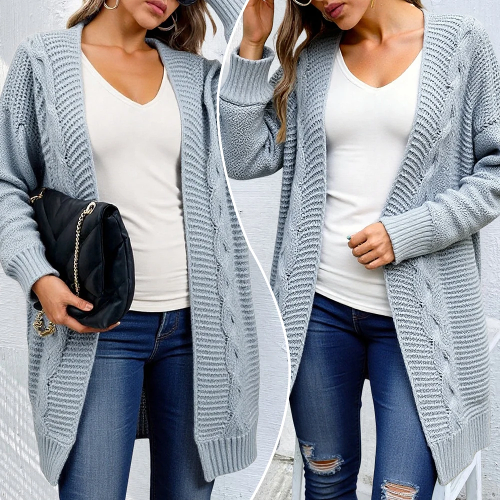 

2025 Spring and Autumn New Thick Needle Twist Knit Cardigan Women's Mid-length Solid Color Casual Loose Coat Cardigan Y2k