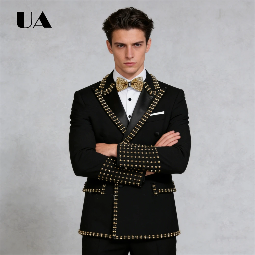 

Rhinestones Regular Fit Men's Two Piece Suit, Double Row Black Jacket Pants, XS-3XL Formal Evening Pageant Prom Suit Attires