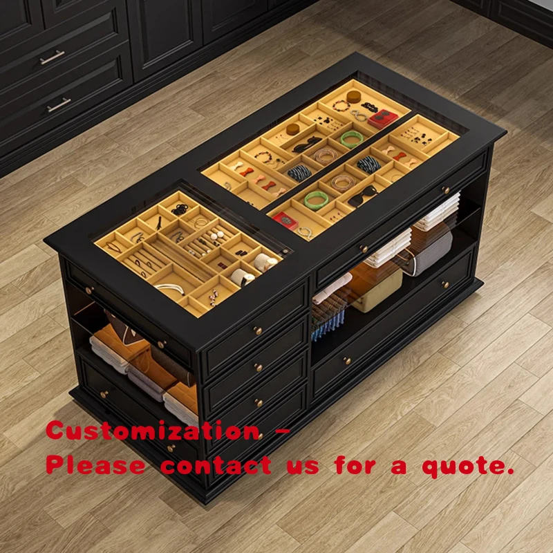 custom.Own Factory Wooden Jewelry Storage Display Glass Counter Top Multi-drawer with LED Lighting Commercial House War
