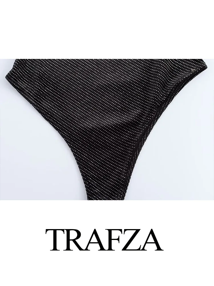 TRAFZA-Top de terciopelo de calle alta para mujer, Top negro de manga larga con agujeros, botones decorativos de diamantes de imitación, monos de moda para mujer