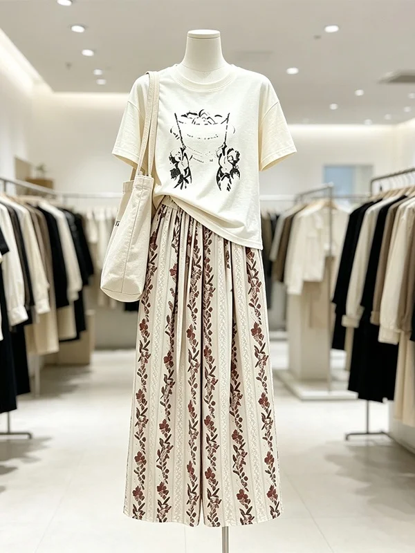 

Large Size Women's Summer New Korean Style Print Short Sleeve Top And Floral Long Pants Set Casual High Waist Loose Fit Outfit