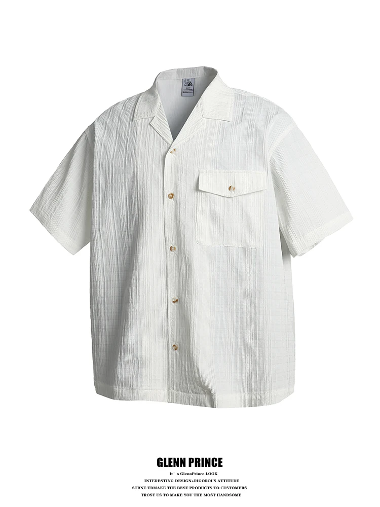 

White Cuban Collar f Sve irt Textured Sensation Summer Commute Men's Faionable Loose Fit Polyester Youth Trend