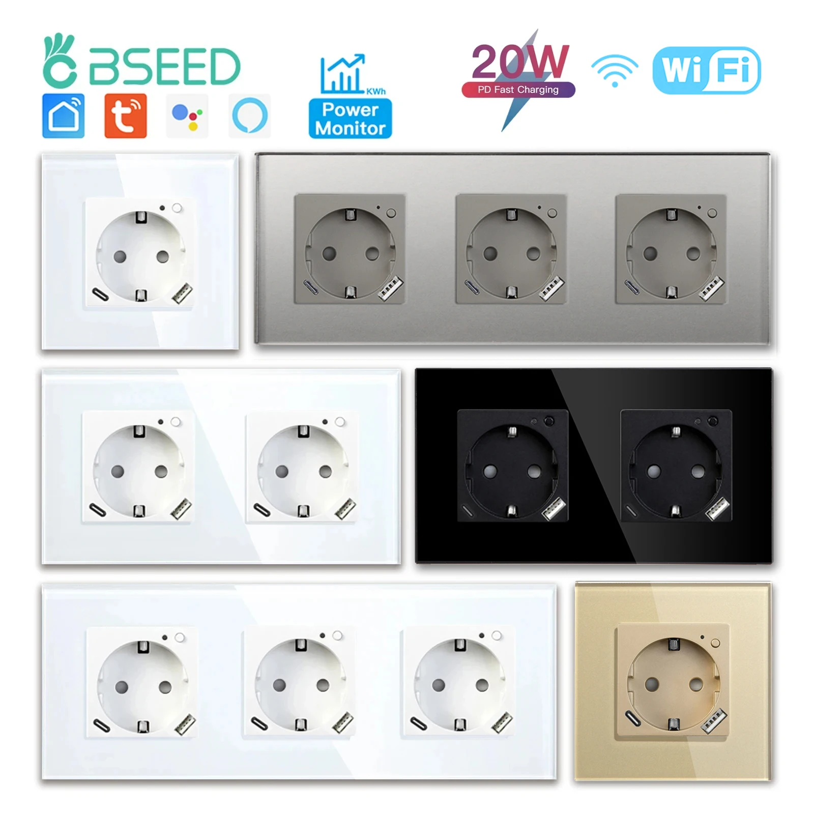 BSEED Wifi Wall Socket EU Smart Sockets 20W Type-c USB Power Outlet Ports Tuya Smart Life Alice App Control Glass Frames