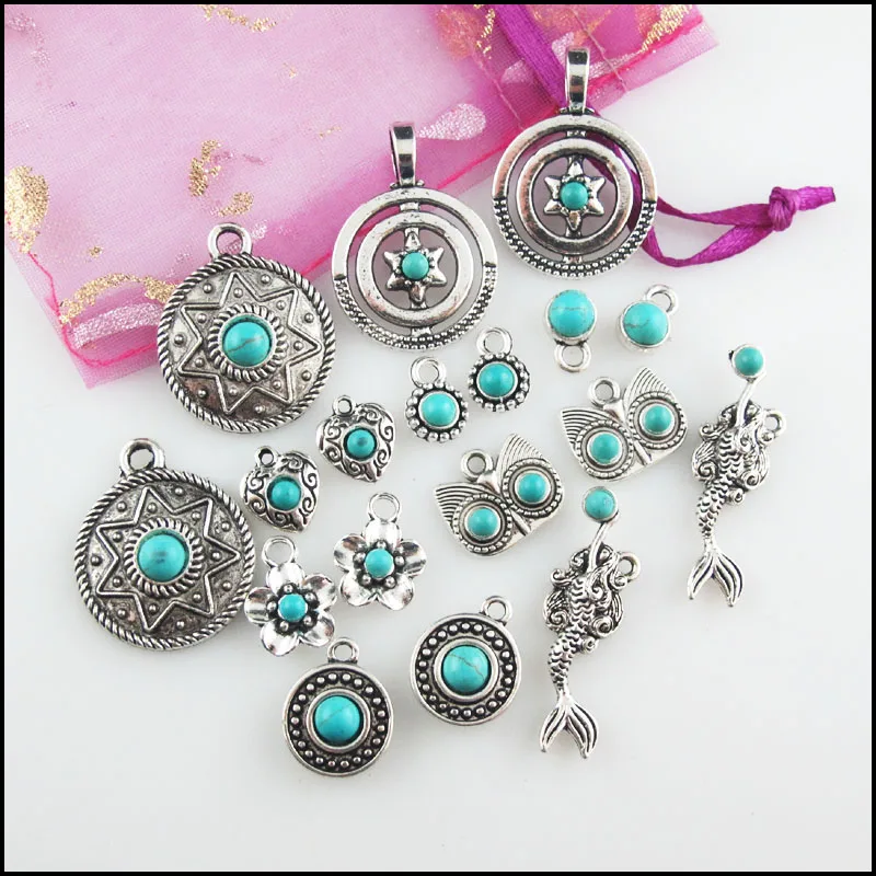 Fashion New Turquoise Stone Charms Owl Animal Star Flower Mermaid Heart Tibetan Silver Plated Pendants Retro