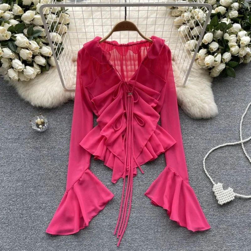 

Sunscreen Cardigan Female Design Sense Irregular Flared Sleeve Chiffon Shirt New Women Ruffled V-neck Lace-up Top Sexy Blouses