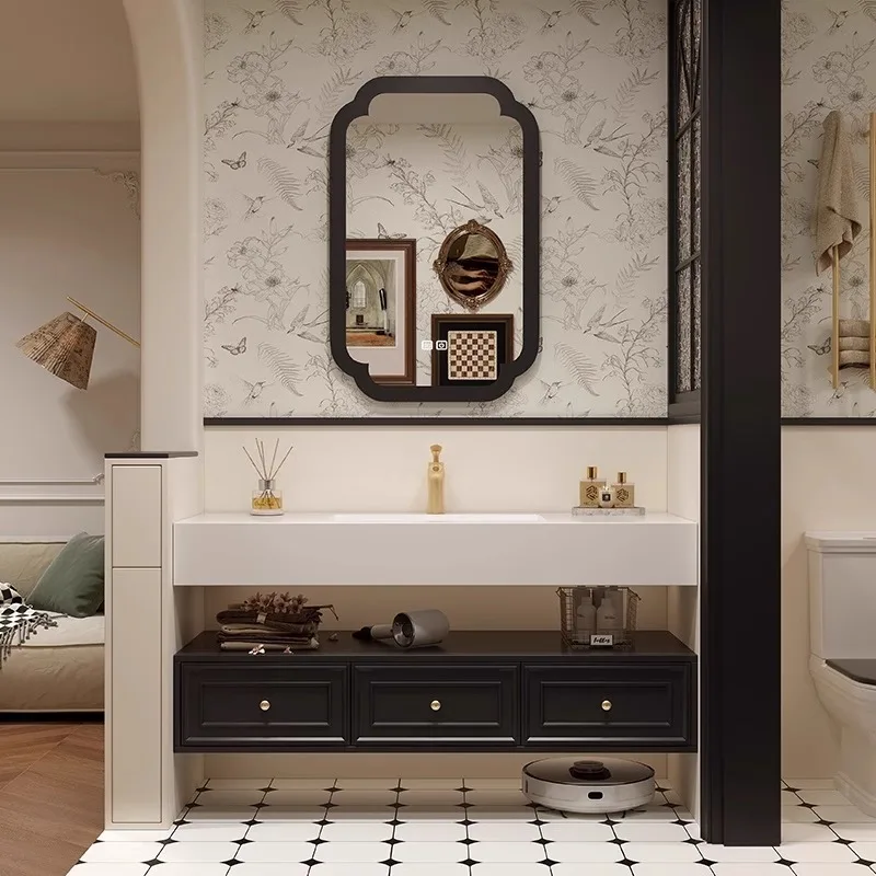 

Bathroom cabinets French oak lacquer hotel style double layer cabinets slate seamless basin bathroom cabinets