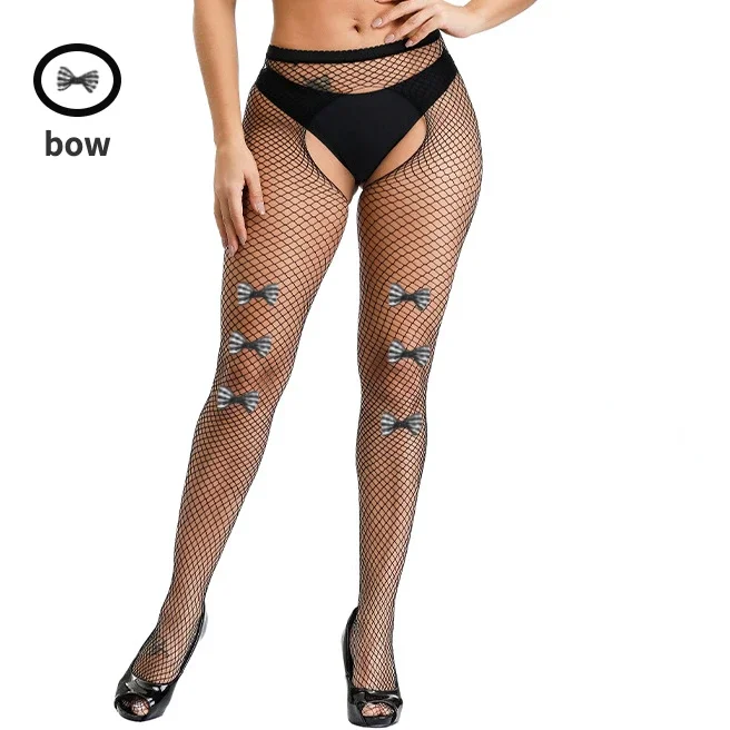 Erotic Black Pantyhose with Handmade Bowknot Tights Women Open Crotch Transparent Bodystockings Sexy Suspender Fishnet Underwear