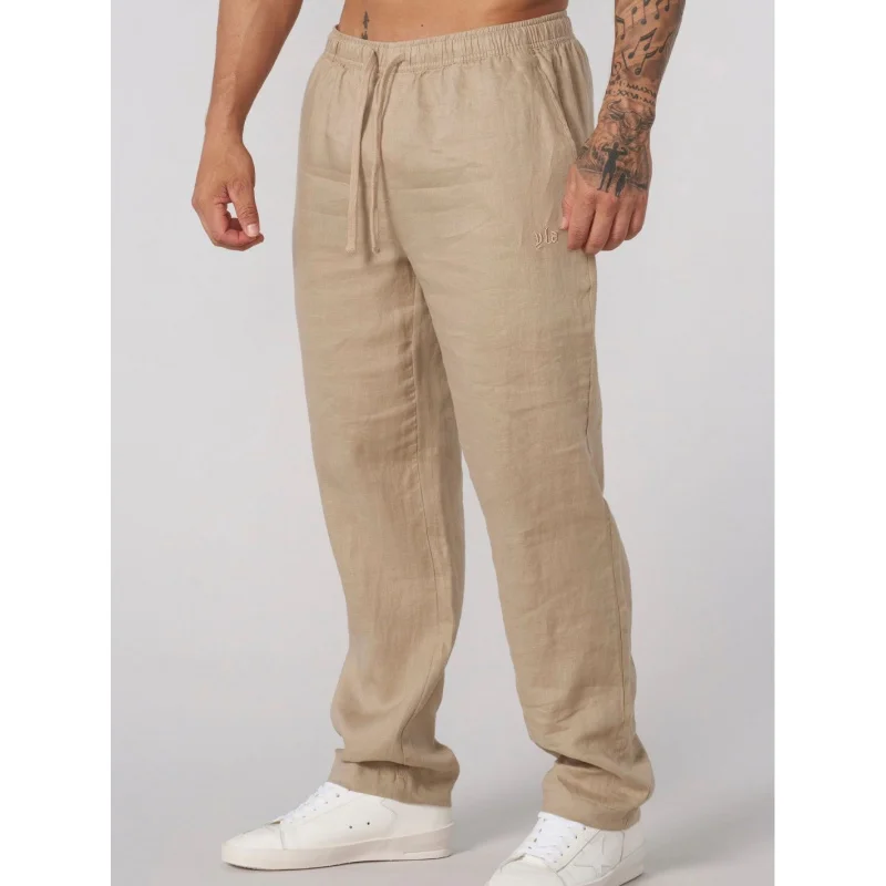

2025 Spring Summer New Men's Linen Pants Trendy Brand Embroidery Lightweight Breathable Luxury Cool Vacation Casual Long Pants