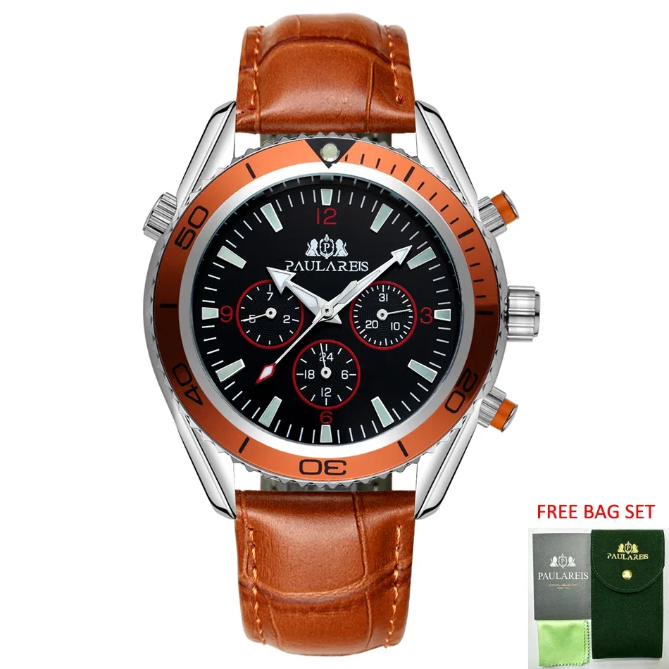 Automatic Watches for Men Mechanical Self Wind Movement Orange Blue Black Leather Rubber Stainless Steel Reloj Hombre Baratos