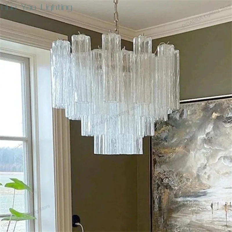Contemporary Star Glass Tube Murano Pendant Lamp Circular Frosted Multicolor Glass Stainless Steel Dimmable Lustre