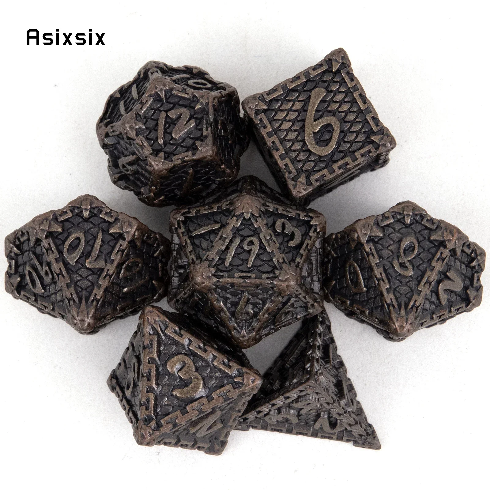 

7 Pcs Brown Fish Scale Metal Dice Solid Metal Polyhedral Dice Set Suitable For Role-Playing Game