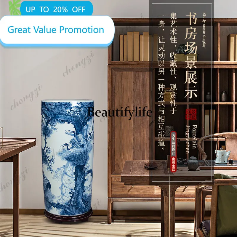 B178 Jingdezhen ceramic Chinese hand-painted large painting and calligraphy scroll cylinder vase living room study floor ornamen