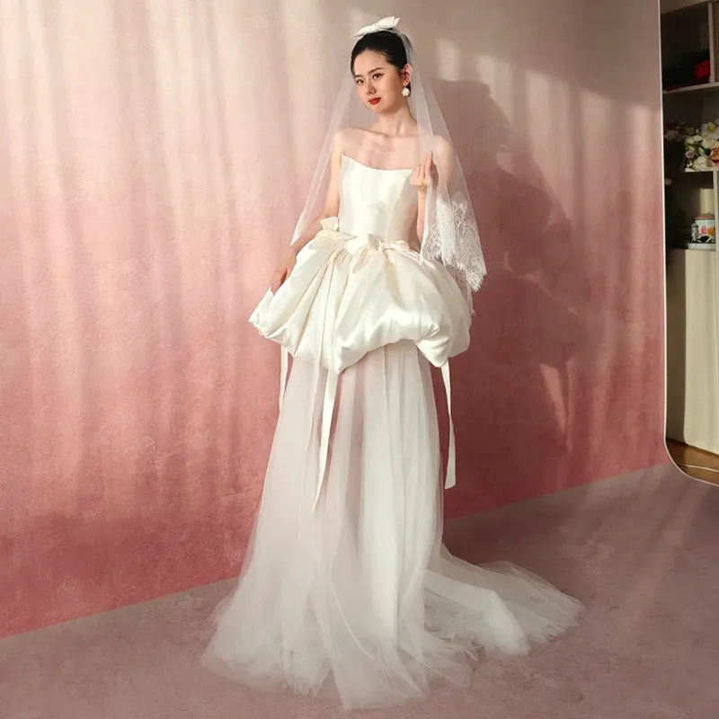 

2 Pieces Wedding Dress Ball Gown Pleats Satin with Tulle Skirts Bridal Gowns