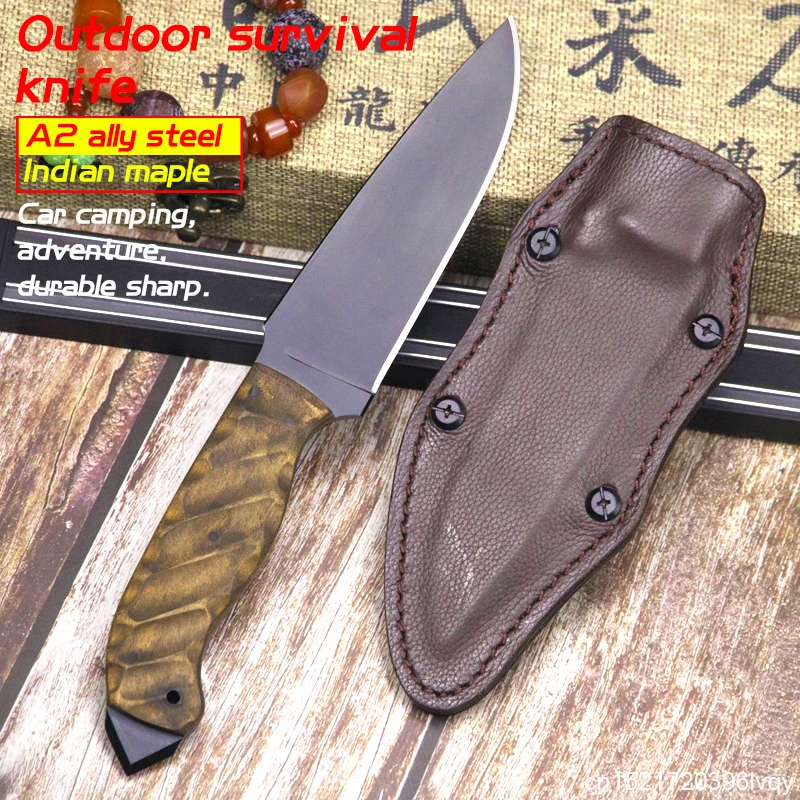 A2 Alloy steel + Indian maple jungle adventure tactics straight knife camping vehicle self-defense knife collection knife gift