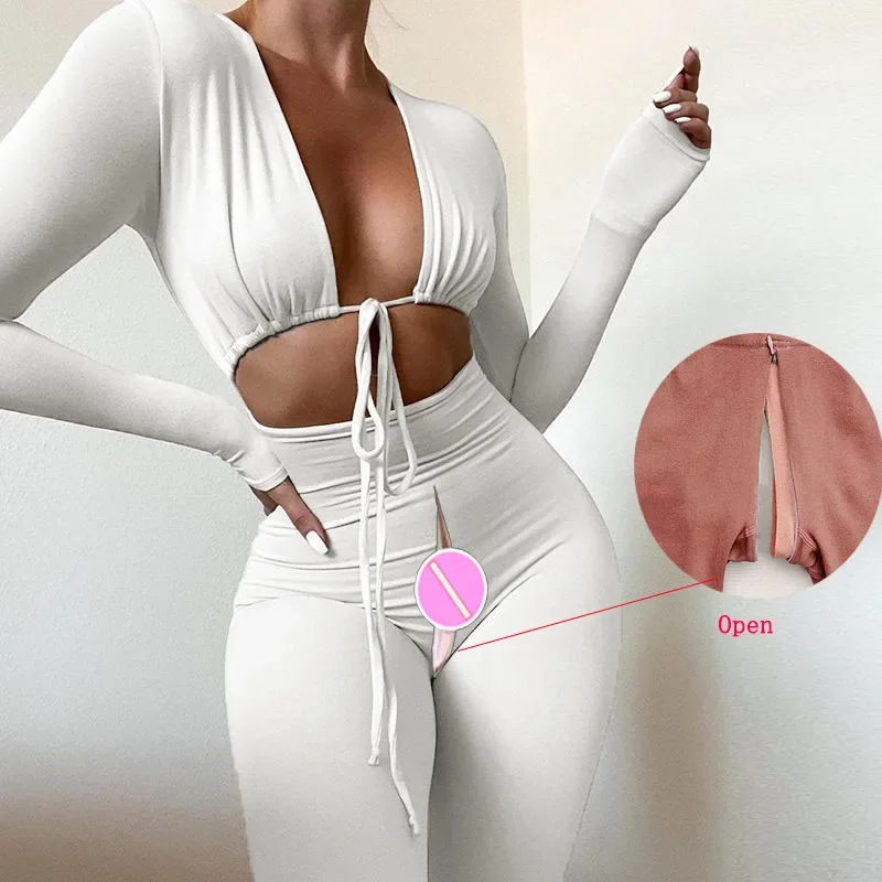 Tight Sexy Jumpsuit Women Open Crotch Bodysuit Sex Quick Outdoot Sex Pants Low Cut Casual Yoga Club Outfits Peach Rump Leggings