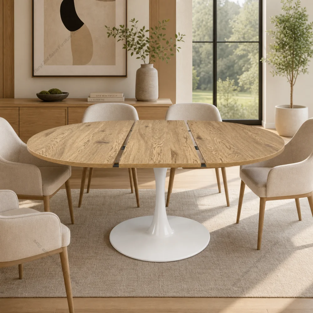 Round Extendable Dining Table for 4-6,Modern Dining Table MDF Tabletop Metal Pedestal,Oval Dining Table Living Room Furniture