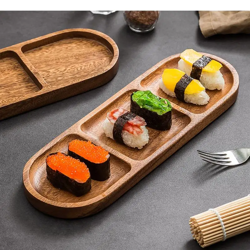 

Walnut Wood Multi Grid Plate Sushi Snack Dessert Dish Appetizer Plates Restaurant Tableware