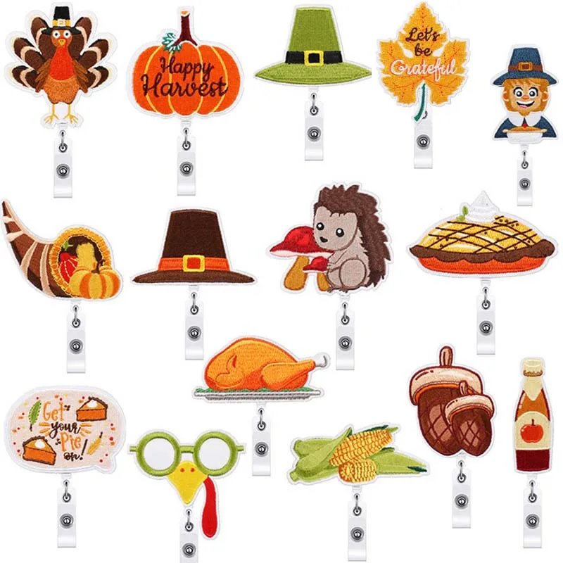 2023 Embroidery Thanksgiving Day Badge Reel Retractable ID Badge Holder 360 Rotating Alligator Clip Name Holder