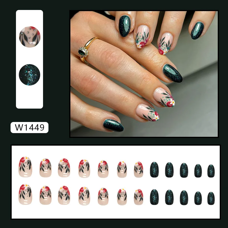 24pcs White Red Green Stick-on Nails Medium Long Acrylic Presss on Nails Cute Almond False Nail Tips Vintage Floral Green 2025