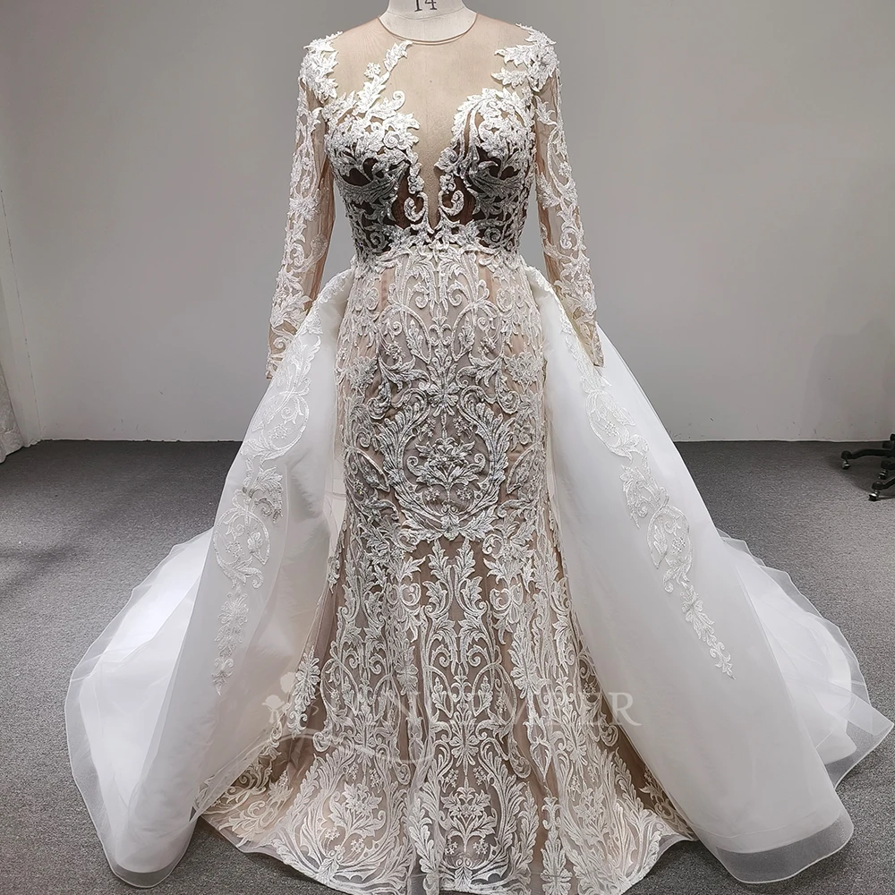Brand New Full Sleeve Wedding Dresses Classic Organza Wedding Dress With Removable Train Shiny Wedding Dress Customized LSYY013