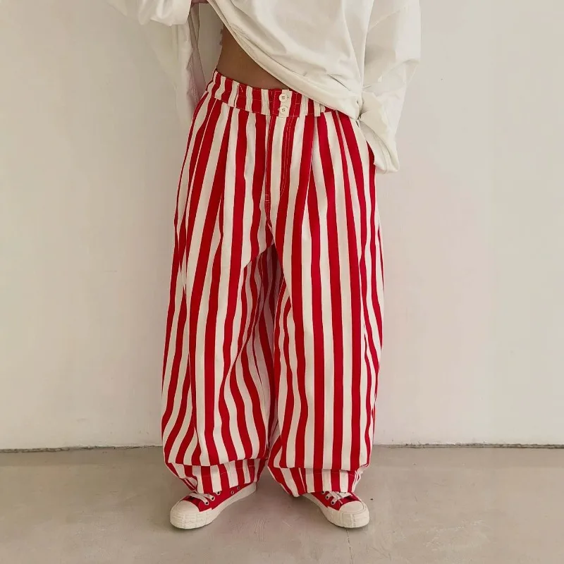 Women Fashion Striped Straight Leg Pants Loose Fit Casual Commute Long Trousers Streetwear Bottoms
