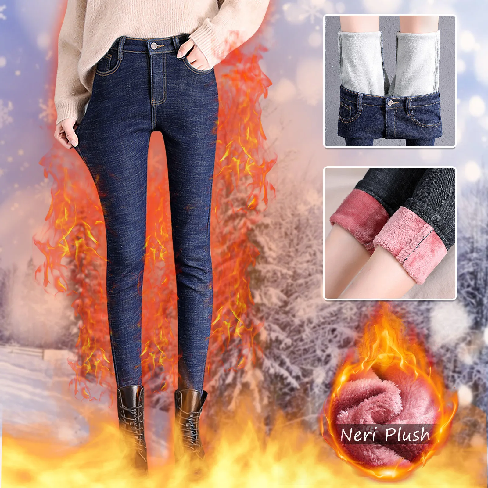 

High Waist Skin Tight Pencil Jeans For Women Thick Warm Button Skinny Denim Pants Vintage Elastic Slim Korean Legging Jeans