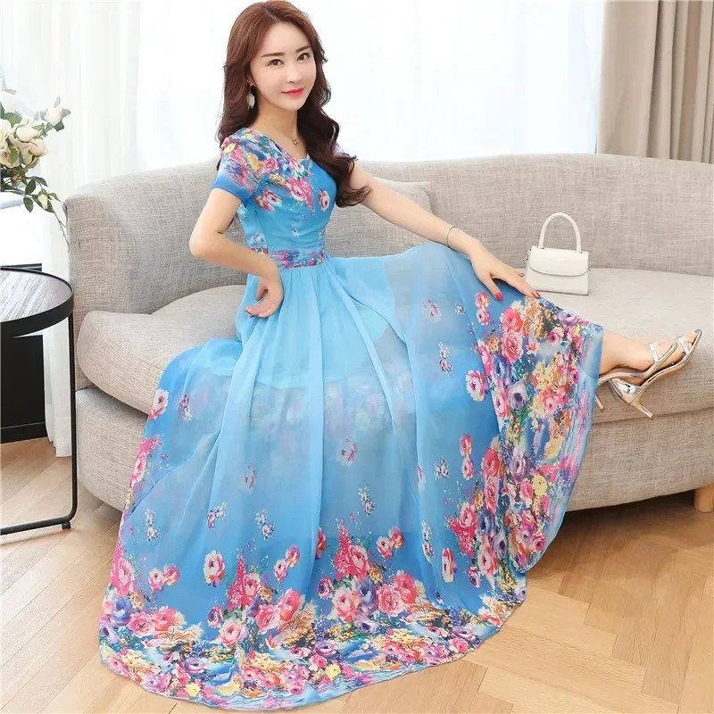 드레스 여성 캐주얼 빈티지 짧은 소매 여름 드레스 고품질 쉬폰 Vestidos Boho 스타일 오-넥 꽃 드레스 JJ618