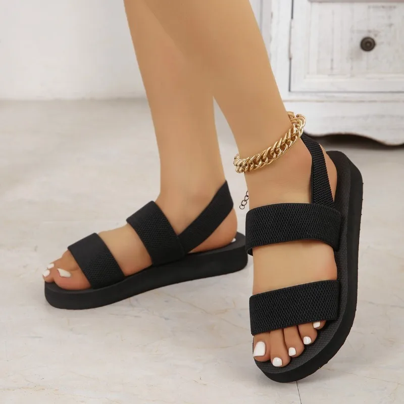 Ladies Elastic Flat Sandals Simulated Grass Weave Lightweight Beach Casual Shoes Classic Black - view 5