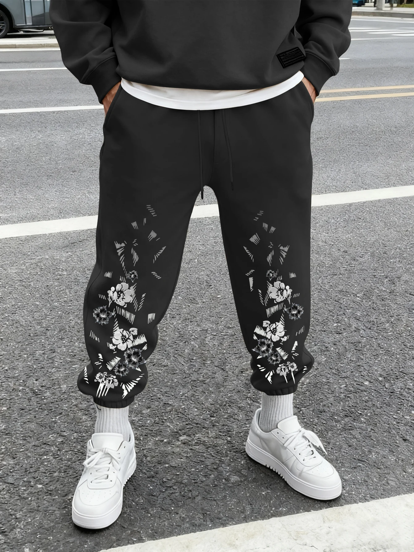 Men's Y2K Grunge Ink Floral Double Leg Print Sweatpants Elastic Waist Soft Fabric Daily Hip Hop Street Joggers