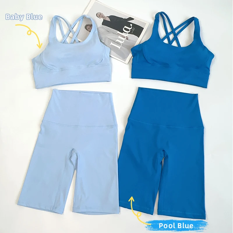 

2 Pieces Yoga Shorts Gym Sports Sets Women Fitness Suits Cross Back Bra Top High Waist Shorts Running Workout Tracksuit️
