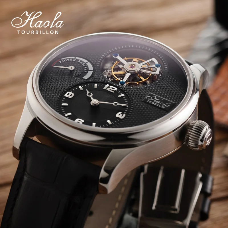 Haofa Manual Flying Tourbillon Watch for Men Hollow Movement Wheat Ear Pattern Dial Mechanical Watch Kinetic Energy Display 1022