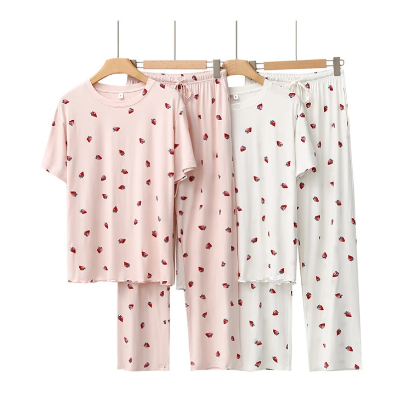 Japanese New Sweet Kawaii Strawberry Printed Pajamas Spring Summer Modal Soft Homewear Suit Loose Casual Femme 2 Piece Sleepwear